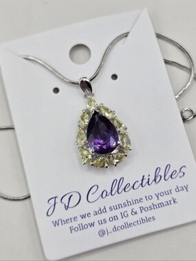 Swarovski Crystal Elements Silver Teardrop Necklace Purple Yellow 18 - 20 inch